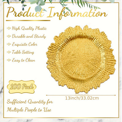 Wedding Plates 100pcs | 13 Inch Plastic Floral Decorative Plates with Metallic Ruffled Rim | Bulk Party Plates for Wedding, Holiday & Event Supplies