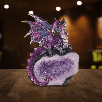 Dragon Figurine Statue Guarding Crystal Cave Polyresin Collectible Home Decor Sculpture Fantasy Dragon Gift for Birthday Housewarming Holiday Room Office Shelf Decor