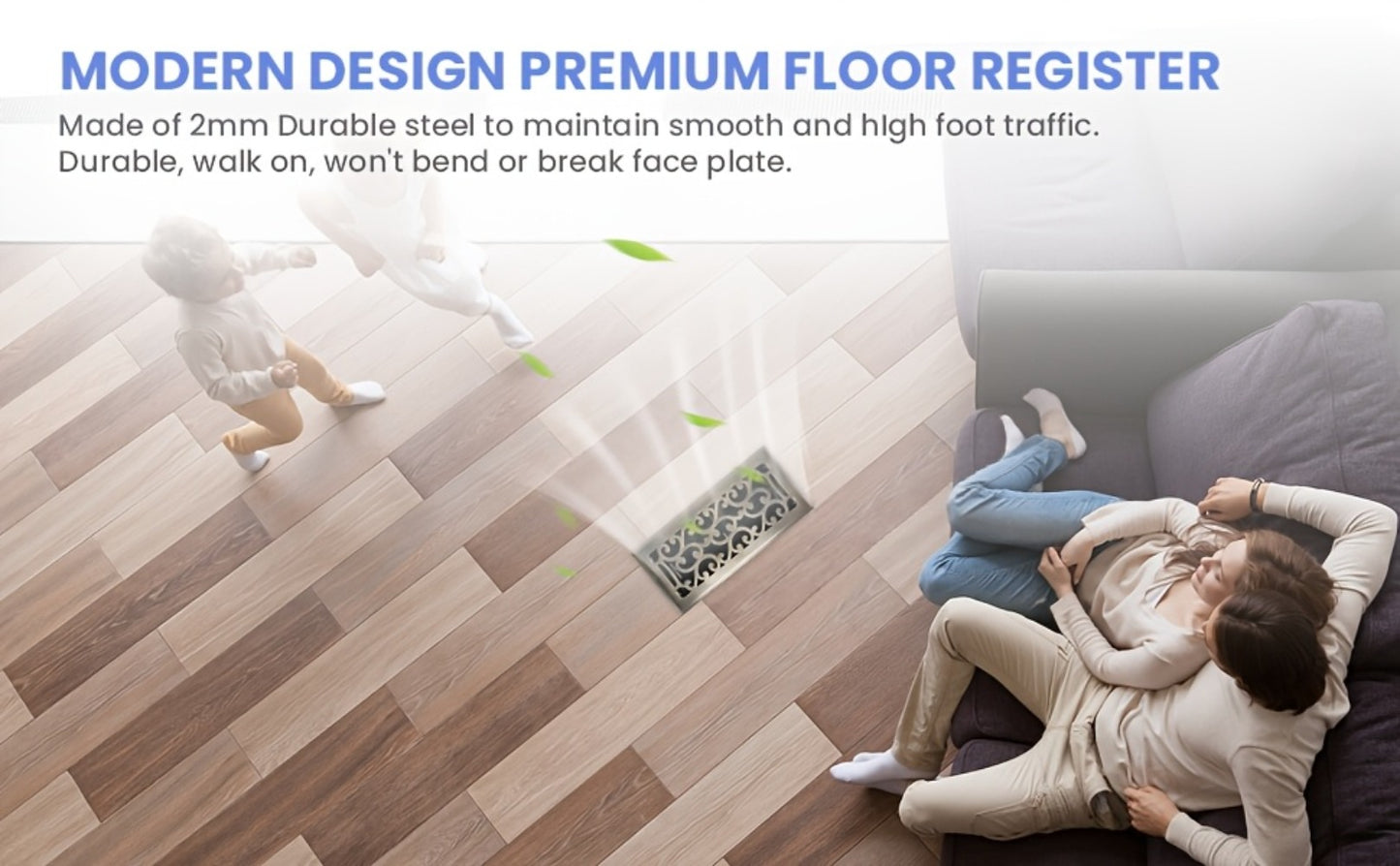 Floor Vent Register Cover 4x10 Inch Heavy Duty Walkable Steel Decorative Air Vent Grille Adjustable Airflow for Home HVAC 2-Pack Savannah Boston Design Multi Finish