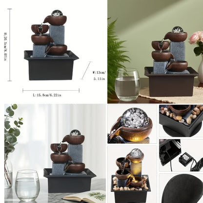 Tabletop Water Fountain Indoor – 4-Level Desktop Waterfall with LED Lights & Natural River Stones, USB Powered Meditation Fountain for Home Office Relaxation, Zen Desk Decor with Bubble Balls