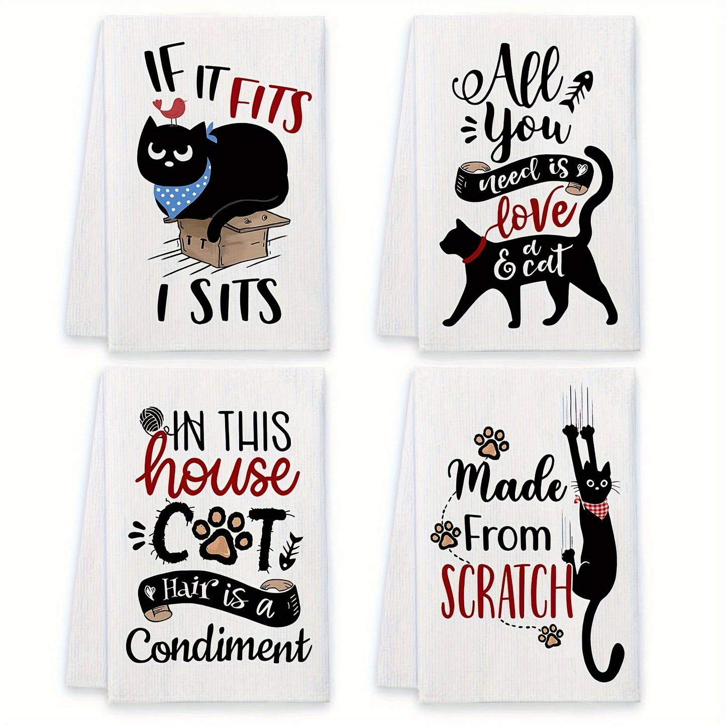Cat Kitchen Dish Towels 4pcs – Funny Cat Tea Towels for Cat Lovers, Housewarming Gift, Cute Knit Fabric Hand Towels 16x24 Inch