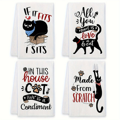 Cat Kitchen Dish Towels 4pcs – Funny Cat Tea Towels for Cat Lovers, Housewarming Gift, Cute Knit Fabric Hand Towels 16x24 Inch
