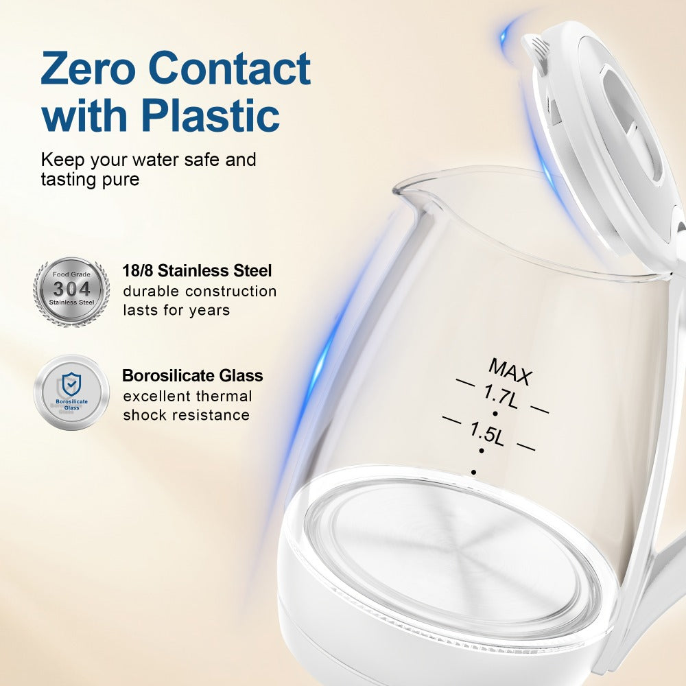 Glass Electric Kettle 1200W Fast Boiling – 57.48oz Tea Kettle with LED Indicator, Auto Shut-Off & Boil-Dry Protection, Elegant Transparent Design for Kitchen, Office & Camping