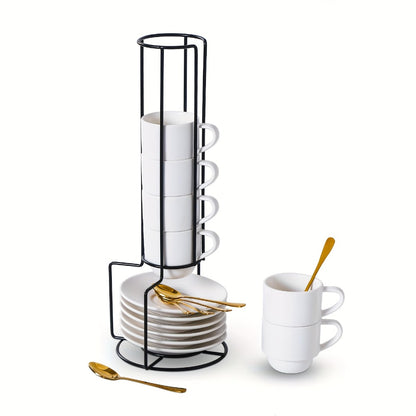Espresso Cups Set of 6 with Saucers, Spoons & Metal Stand, 4oz Stackable Ceramic Cappuccino Mugs for Double Espresso, Lungo & Afternoon Tea – Matte Black & Matte White