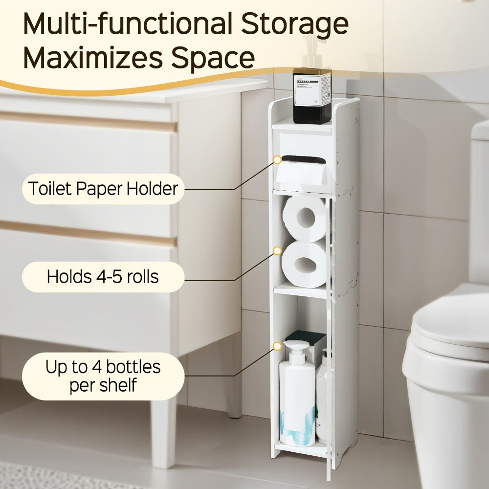 Slim Bathroom Storage Cabinet – PVC Toilet Paper Holder & Organizer for Small Spaces, Easy Assembly, Multi-Room Use, Bedroom & Living Room