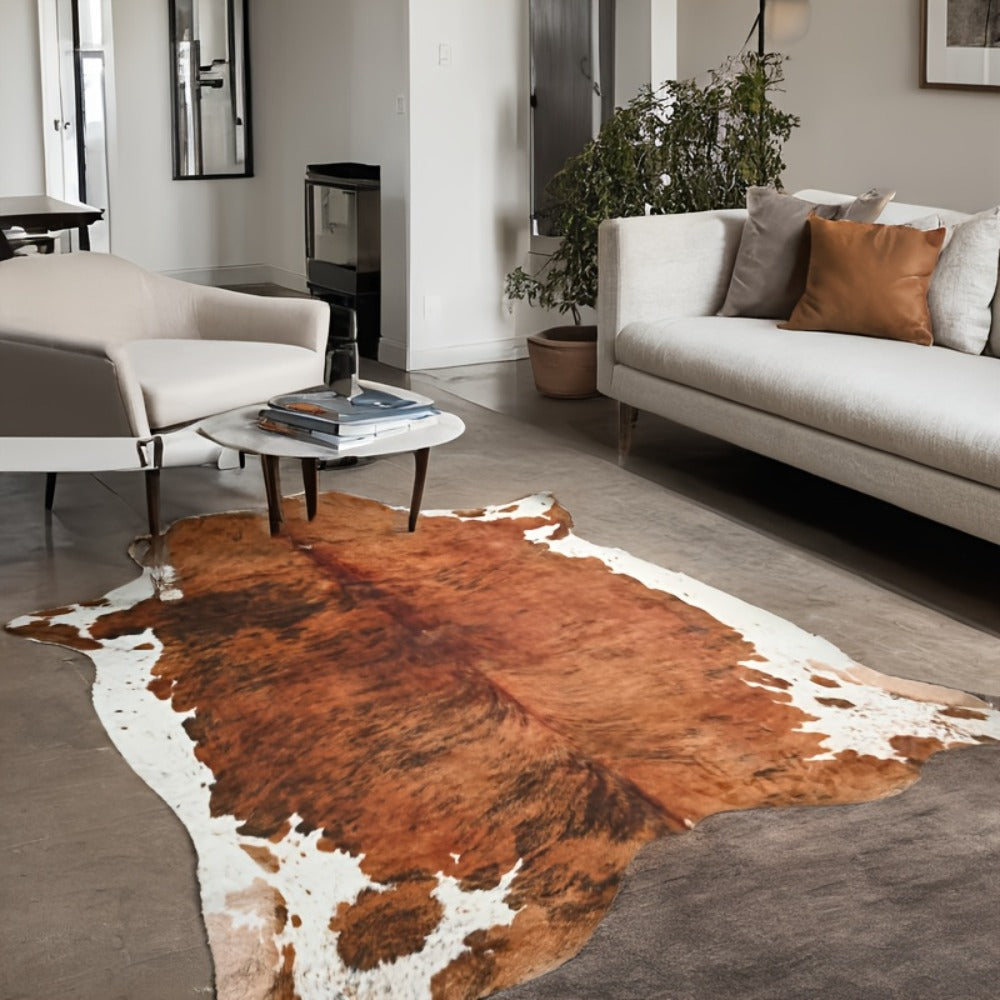 Faux Cowhide Rug Brown Western Style Area Carpet | Non-Slip Suede Backing | 5.2×4.6 & 6.2×5.2 Ft | Living Room Bedroom Office