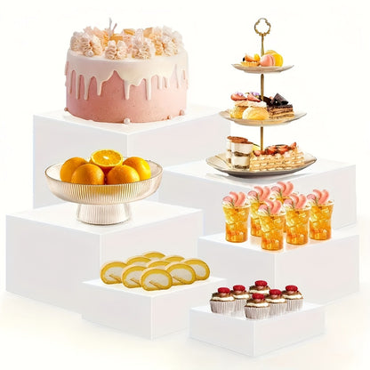 Display Stands 6pcs Five-Sided Square Buffet Risers - White Transparent Dessert Cake Display Storage Rack for Party Wedding Catering Retail Boutique Gallery Home Decor