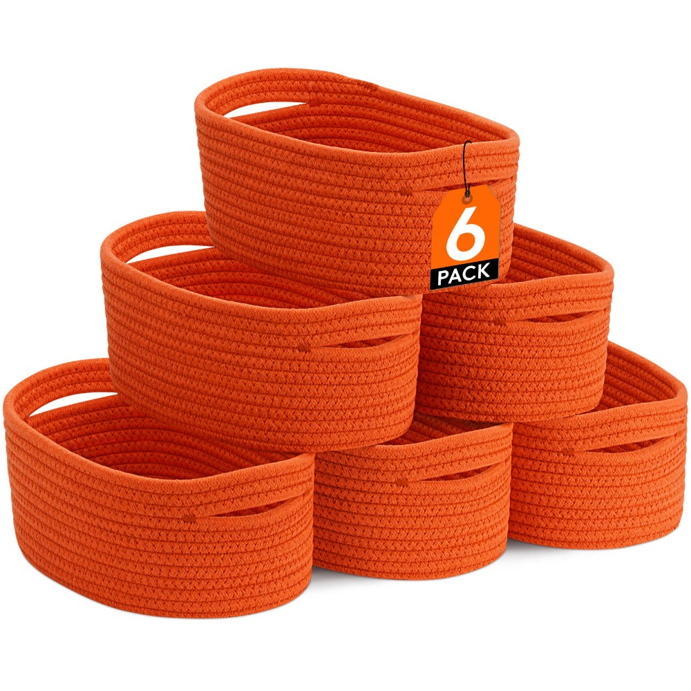 Woven Storage Baskets 6-Pack Cotton Rope Cube Bins 11x7x5" | Handmade Small Shelf Baskets for Organizing Closet Bedroom Living Room Playroom | Round Decorative Storage Caddy Multiple Colors