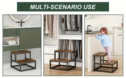 2-Step Wooden Step Stool Heavy Duty for Adults – Solid Wood Two Tier Stepping Stool, Multifunctional Bedside Step Ladder, Portable Non-Slip Foot Stool for Bathroom, Bedroom, Kitchen, Office – Easy to Carry, Durable Build