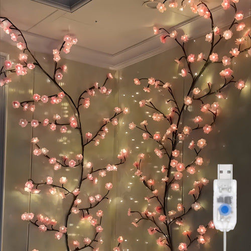 LED Cherry Blossom Chandelier Rattan String Lights USB 8 Modes Indoor Outdoor Holiday Decoration