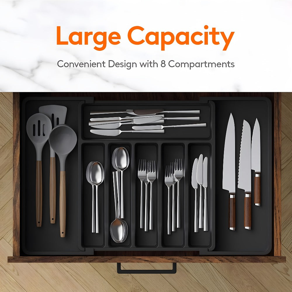 Silverware Organizer Adjustable Drawer Organizer | Utensil & Cutlery Storage Tray for Kitchen Drawer | Expandable Knife Fork Spoon Holder 22.4" x 15" x 2" | Kitchen Organization & Storage in Black Grey White