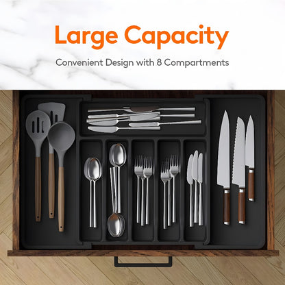 Silverware Organizer Adjustable Drawer Organizer | Utensil & Cutlery Storage Tray for Kitchen Drawer | Expandable Knife Fork Spoon Holder 22.4" x 15" x 2" | Kitchen Organization & Storage in Black Grey White