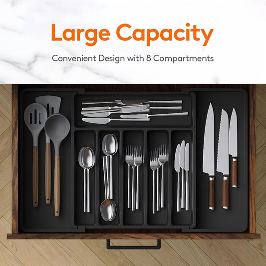 Silverware Organizer Adjustable Drawer Organizer | Utensil & Cutlery Storage Tray for Kitchen Drawer | Expandable Knife Fork Spoon Holder 22.4" x 15" x 2" | Kitchen Organization & Storage in Black Grey White