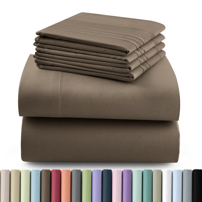 Fitted Sheet Set 6-Piece Brushed Polyester Deep Pocket Bed Sheets 20 Colors Hotel Luxury Soft Bedding with Embroidered Pillowcases