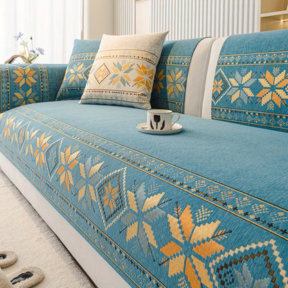 Chenille Sofa Slipcover 1pc Boho Vintage Style - Luxury Non-Slip Removable Four Seasons Universal Couch Cover | Armrest 1 2 3 4 Seater | Dark Gray Light Gray Blue | Living Room Home Decor