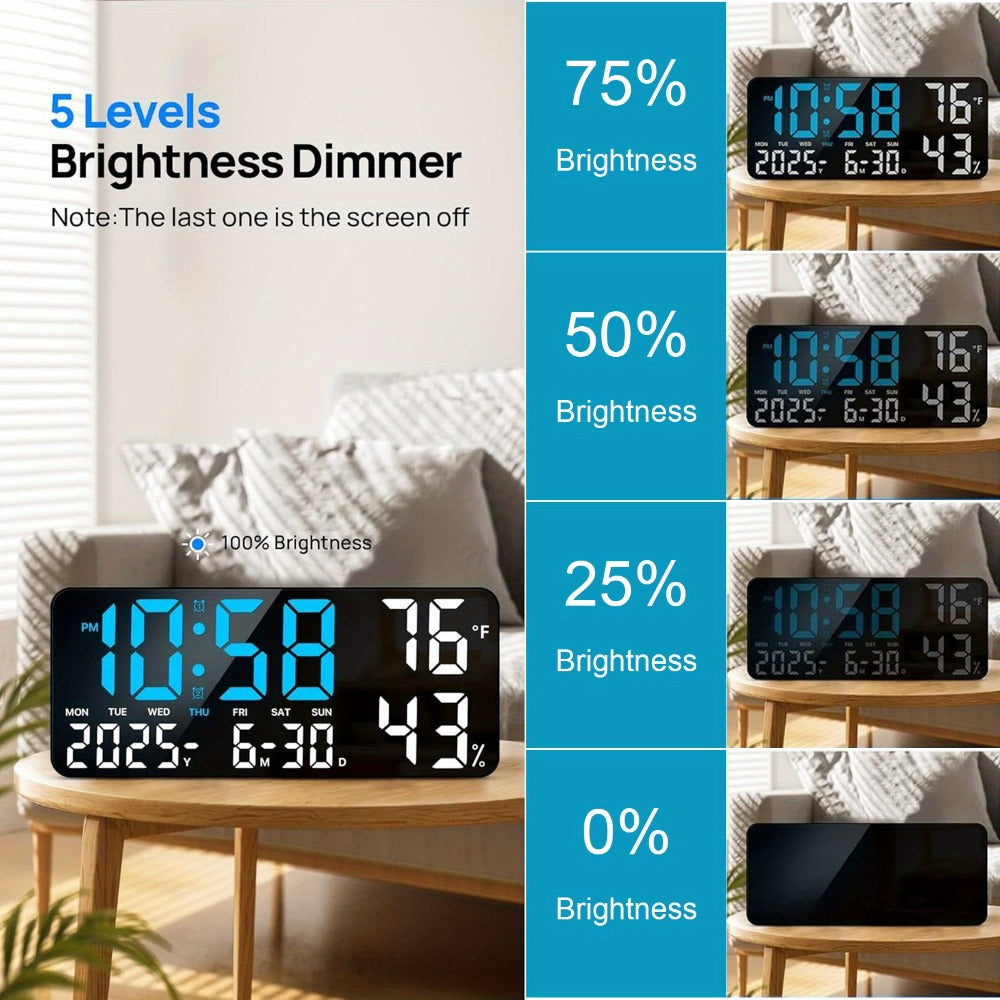 Large Digital Wall Clock with Remote Control – 14.6" LED Display Dual Alarm Clock with Night Light, Temperature, Humidity, Date & Week – RGB Color-Changing Bedroom & Living Room Clock Gift for Elderly