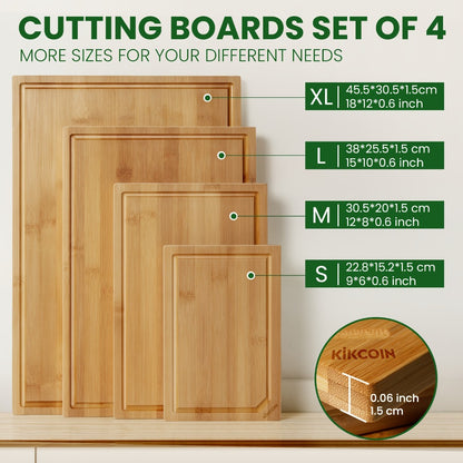 Bamboo Cutting Board Set 4-Piece Extra Large – Heavy Duty Chopping Boards with Juice Grooves for Meat, Vegetables & Cheese | Essential Kitchen Tools | Mother’s Day & Holiday Gift