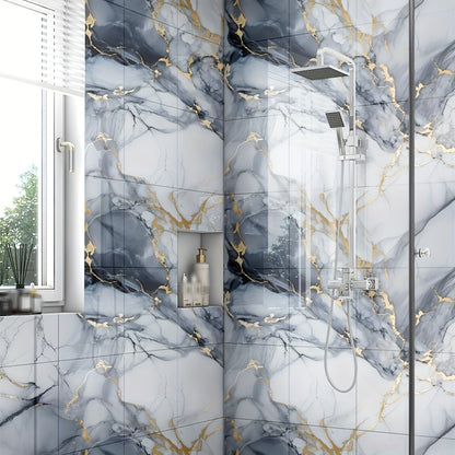 Peel and Stick Wall Tiles 50/100pcs - Waterproof PVC Marble Self-Adhesive Vinyl Panels for Bathroom Shower Kitchen Living Room TV Backdrop, Modern Wall Decor Easy Installation No Grout Required