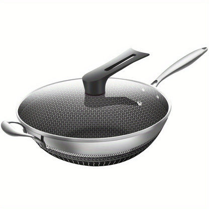 Stainless Steel Wok 13.3 Inch Honeycomb Non-Stick with Lid Spatula & Pot Brush – All Cooktop Compatible Stir Fry Pan | Induction Gas Electric Ceramic | Complete Kitchen Wok Set Cooking Accessories