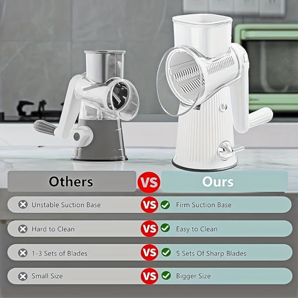 Rotary Cheese Grater with Interchangeable Blades – 5-in-1 Manual Vegetable Slicer Shredder Set, Suction Cup Base, Easy to Clean, Multifunctional Kitchen Tool for Fruits, Vegetables & Nuts