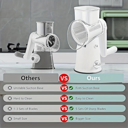 Rotary Cheese Grater with Interchangeable Blades – 5-in-1 Manual Vegetable Slicer Shredder Set, Suction Cup Base, Easy to Clean, Multifunctional Kitchen Tool for Fruits, Vegetables & Nuts