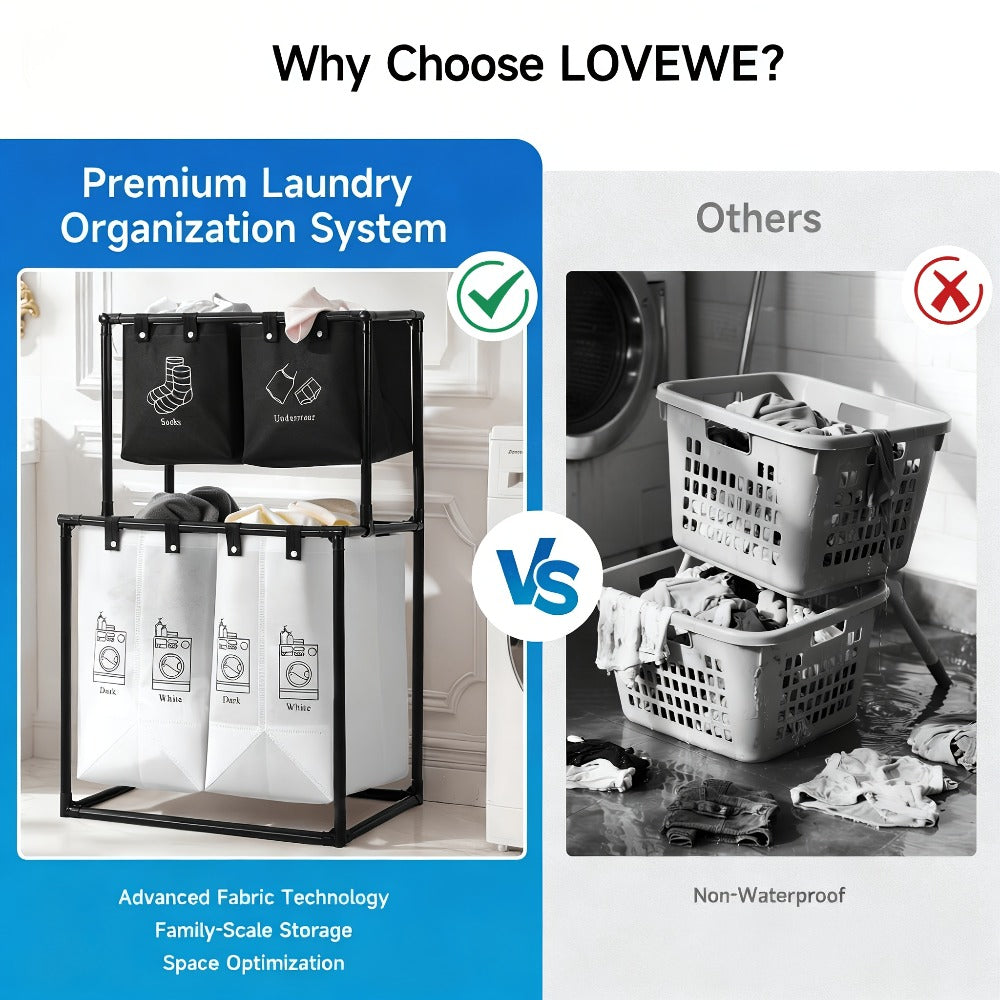 Laundry Sorter 2 Compartment Hamper – 2-Tier Metal Frame Laundry Hamper with Handles, Breathable Mesh Bags & Cable Ties – Space-Saving Clothes Organizer for Home, Bedroom & Apartment