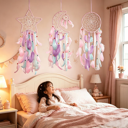 Dream Catcher Set of 3 - Moon Sun Star Wall Hanging Decor for Bedroom, Boho Room Decor for Teen Girls Kids, Princess Bedroom Decoration, 8 Inch Metal Hoop, Pink White Black Brown, Nursery Wall Art Gift
