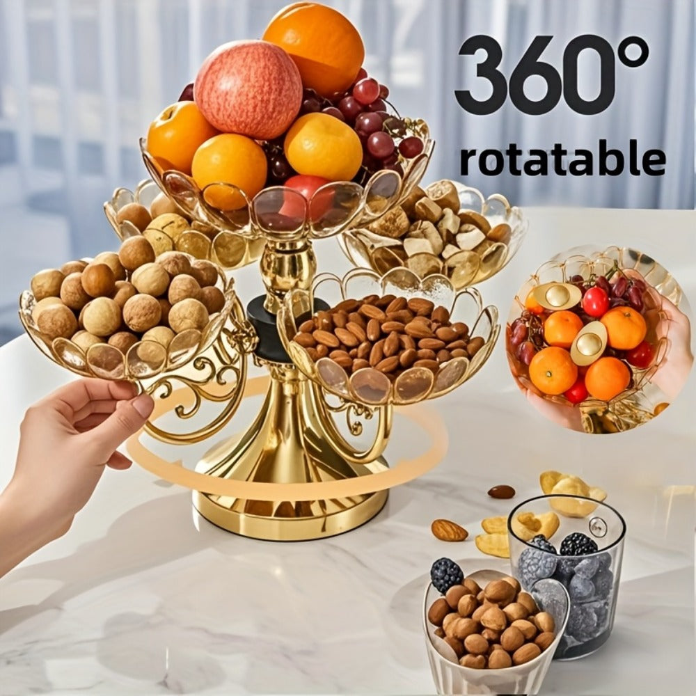Crystal Rotating Fruit Plate Set 5-Tier – Luxury Round Multi-Layer Snack Candy Dish Bowl for Living Room Coffee Table Home Decor European Style Elegant Dessert Display Centerpiece Gift