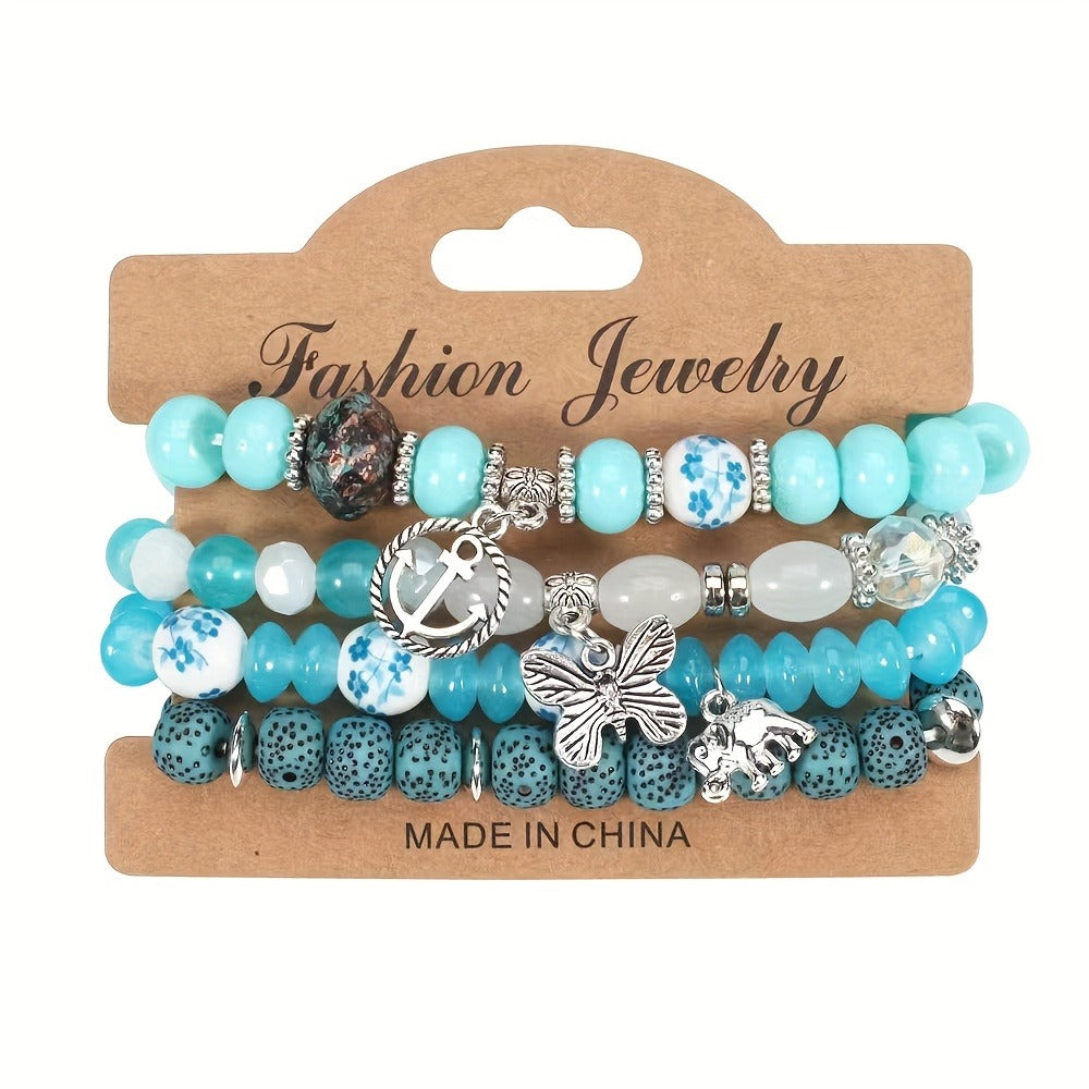 Bohemian Beaded Bracelet Set 24pcs – Multi-Layer Wooden Bead Elastic Bracelets with Butterfly Elephant Tree Pendant, Handmade Colorful Tassel Wristbands for Women Men, Party Gift & Daily Wear