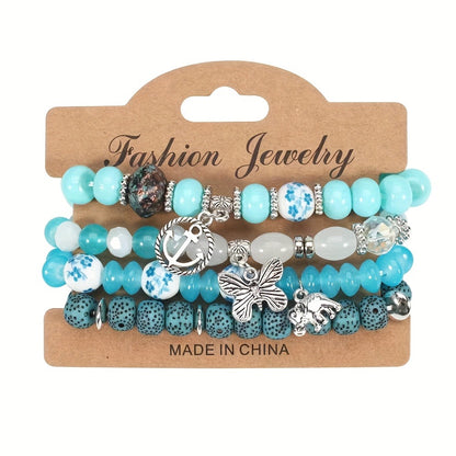 Bohemian Beaded Bracelet Set 24pcs – Multi-Layer Wooden Bead Elastic Bracelets with Butterfly Elephant Tree Pendant, Handmade Colorful Tassel Wristbands for Women Men, Party Gift & Daily Wear