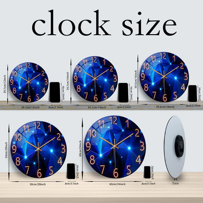 Modern Blue Glass Wall Clock Silent Non-Ticking Quartz Movement Battery Operated Tempered Glass Large Wall Clock for Living Room Bedroom Office Home Decor Gift