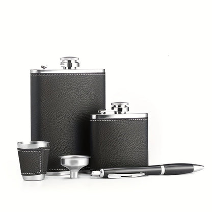 Stainless Steel Whiskey Flask Gift Set with Cup Filter & PU Leather Cover – 8.1oz + 3oz Dual Bottle Bar Gift for Men