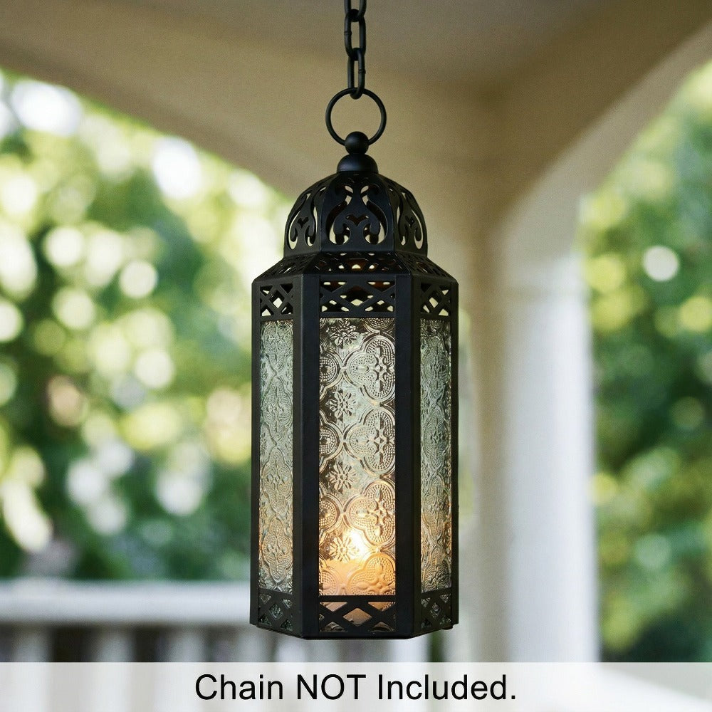 Moroccan Candle Lantern Holder - Decorative Metal & Glass Lantern with Embossed Floral Design for Indoor Home Decor, Garden, Patio, Weddings, Ramadan, Halloween & Holiday Celebrations - 10.5" Tall Medium Size