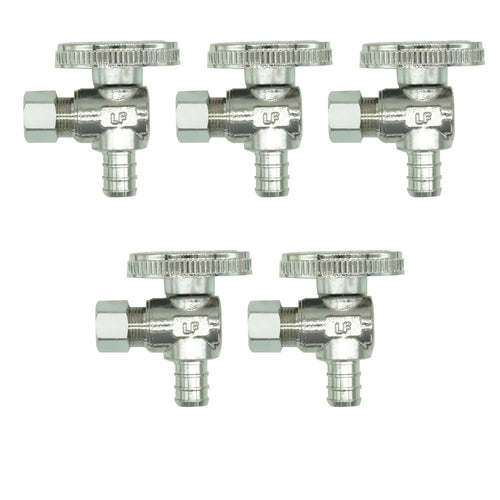 PEX Angle Stop Valve 5pcs - 1/2" PEX x 3/8" OD Compression, 1/4 Turn Shut-Off Valve, Lead-Free Chrome Brass, ASTM F1807 NSF/ANSI 61 Certified, for Bathroom Toilet Sink Plumbing