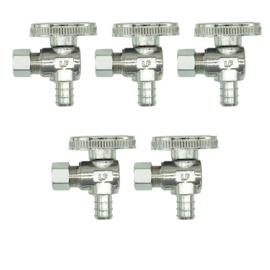 PEX Angle Stop Valve 5pcs - 1/2" PEX x 3/8" OD Compression, 1/4 Turn Shut-Off Valve, Lead-Free Chrome Brass, ASTM F1807 NSF/ANSI 61 Certified, for Bathroom Toilet Sink Plumbing