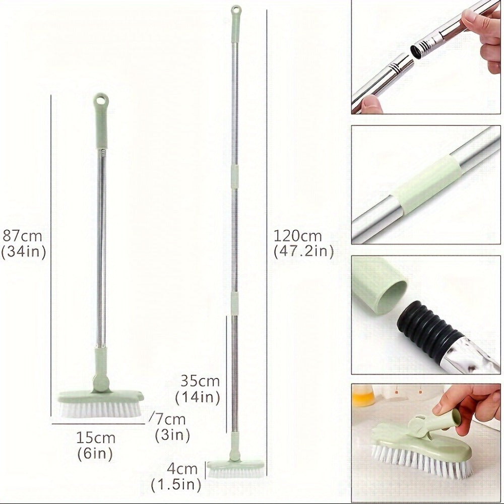 Long Handle Floor Brush with Rotating Head – Bathroom Tile Scrubber, Adjustable Rod, Kitchen & Bathtub Cleaning Brush, 120cm/47in, Green