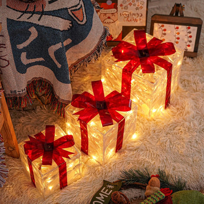 Christmas Light-Up Gift Boxes Set of 3 – USB & Battery LED Warm White Lighted Decorations with Timer, 8 Lighting Modes, Red Bow, Indoor Outdoor Holiday Home Decor