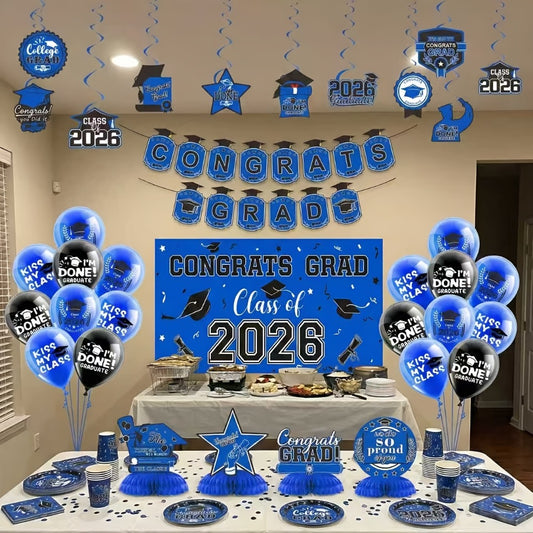 2026 Graduation Decorations Set – Congrats Grad Banner, Backdrop, Hanging Swirls & Honeycomb Table Toppers, Class of 2026 Party Supplies Kit