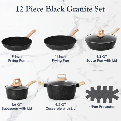 Pots and Pans Set 12-Piece Non-Stick Kitchen Cookware – Complete Cooking Set with Frying Pan | Durable Even-Heating Non-Stick Coating | Available in Black & White | Home Kitchen Essentials