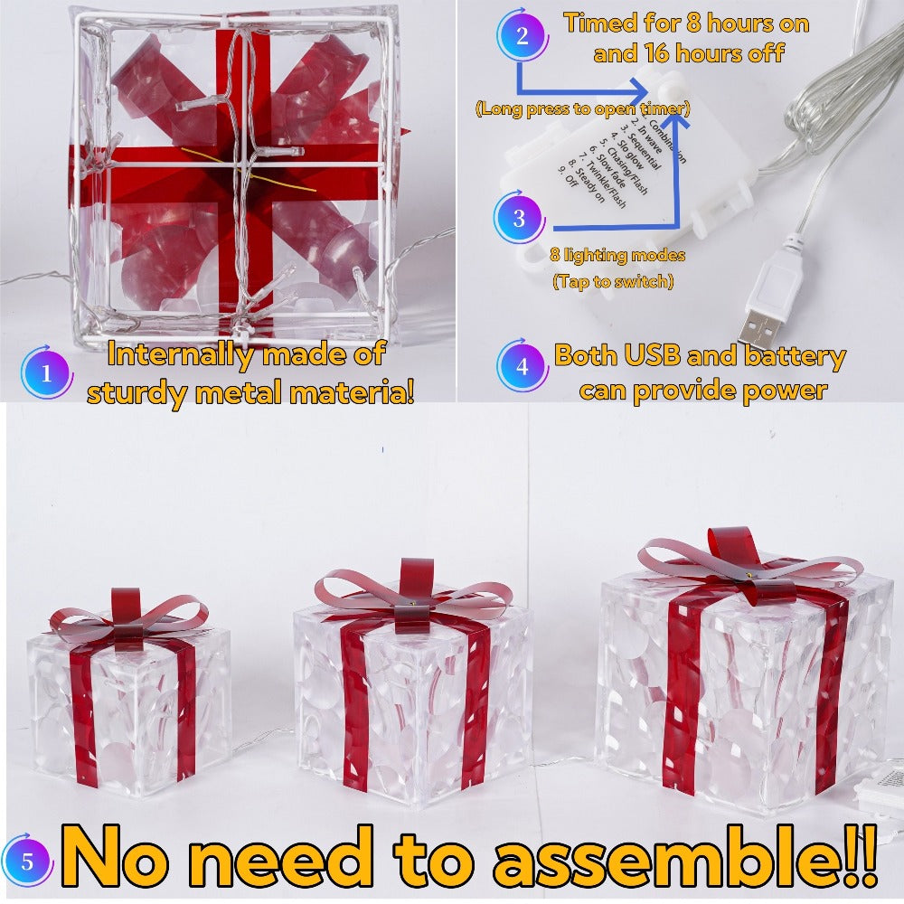Christmas Light-Up Gift Boxes Set of 3 – USB & Battery LED Warm White Lighted Decorations with Timer, 8 Lighting Modes, Red Bow, Indoor Outdoor Holiday Home Decor