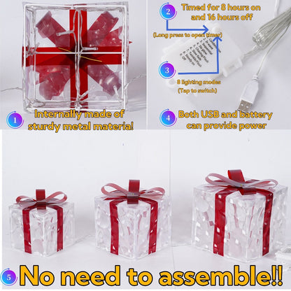 Christmas Light-Up Gift Boxes Set of 3 – USB & Battery LED Warm White Lighted Decorations with Timer, 8 Lighting Modes, Red Bow, Indoor Outdoor Holiday Home Decor
