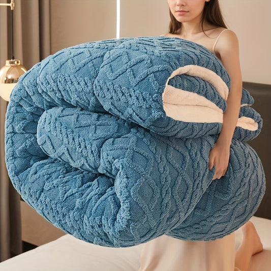 Winter Comforter Thick Warm Milk Velvet Duvet – Geometric Quilted Heavyweight Blanket for All Seasons, Twin Full Queen King – Silvery Grey & Blue