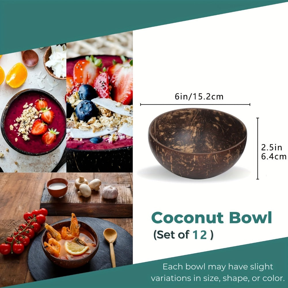 Coconut Shell Bowls Polished Handmade Natural Wooden Bowls for Smoothie, Acai, Fruit, Salad & Yogurt — Rustic Decorative Serving Bowls, Eco-Friendly Vegan Kitchen Gift | 3 or 12 Pack