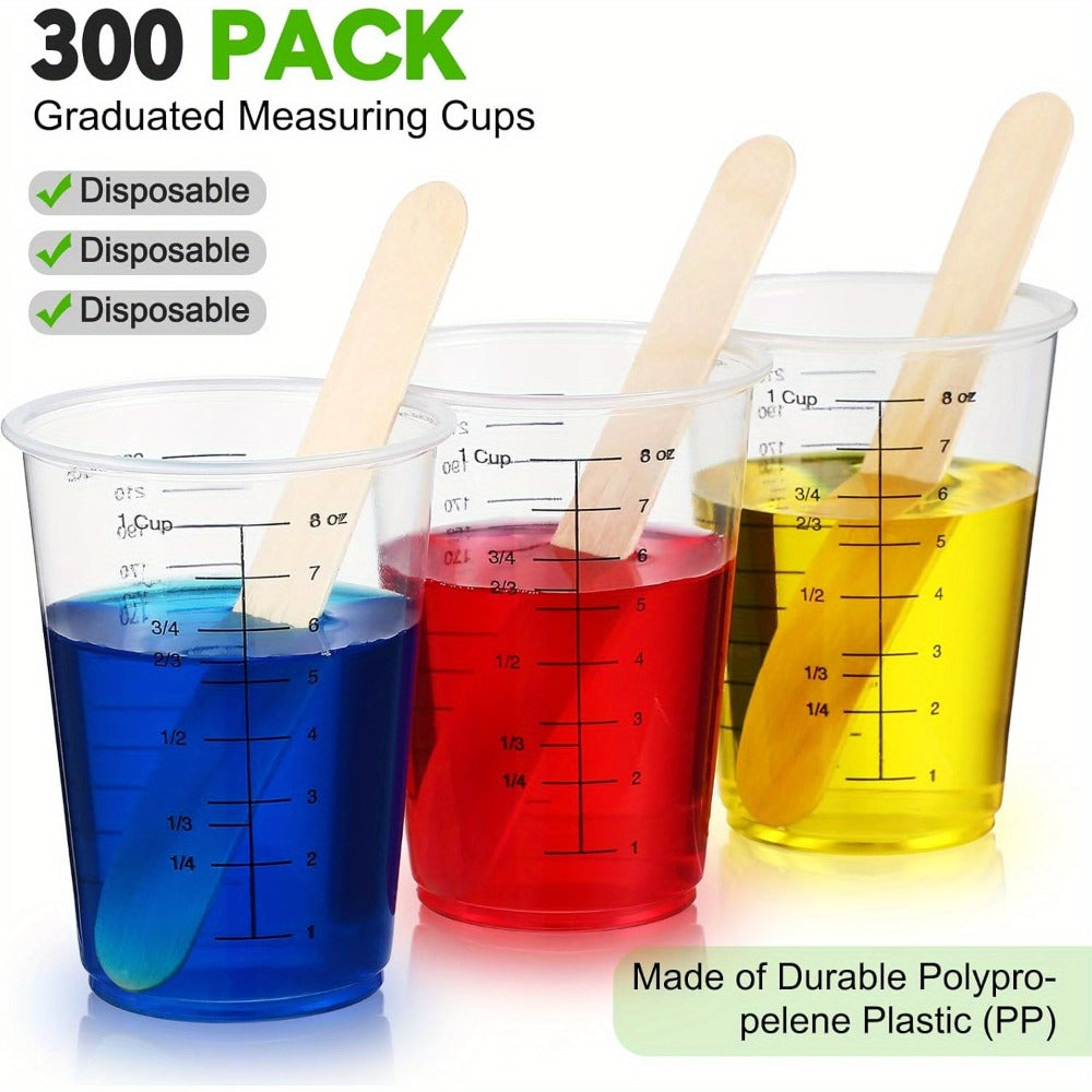 Plastic Measuring Cups with Wooden Sticks 100 Sets Clear Graduated Mixing Cups oz/ml/cc for Resin, Cooking, Baking & Epoxy – Disposable Paint Mixing Cups
