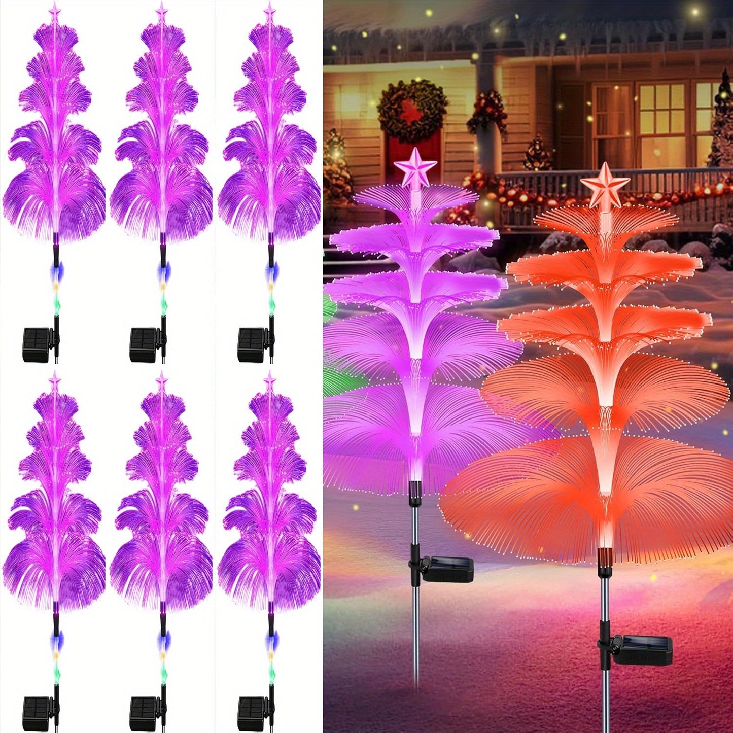 Solar Christmas Tree Lights Fiber Optic Star, 7-Color LED IP65 Waterproof Garden Stake Lights — 2 or 5 Layer Star for Lawn, Pathway, Patio & Holiday Decor | 2, 4 or 6 Pack