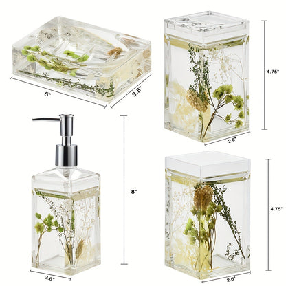 Bathroom Accessory Set 4-Piece 3D Floating Motion Acrylic Liquid Vanity Kit - Tumbler, Toothbrush Holder, Soap Dispenser & Soap Dish, Handcrafted Shell & Leaf Decor, Ocean Dolphin Conch Leaf Styles
