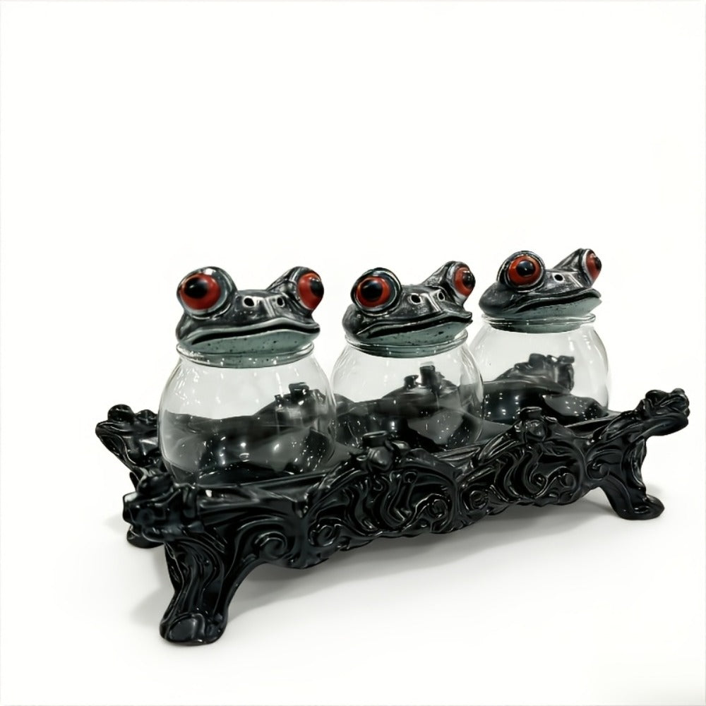 Gothic Witch Frog Spice Jars Set of 3 with Engraved Bases & Spoon – Vintage Pharmacist Jars with Frog Lids for Dark Kitchen Decor, Halloween Herb Storage
