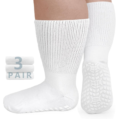 Anti-Slip Wide Socks for Swollen Feet 3 Pairs Grippy Sole Diabetic Non-Binding Breathable Edema Socks Reinforced Toe Heel Black White Grey Size 9-13 13-15