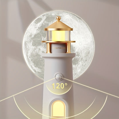 Moon Lighthouse Projector Night Light – Motion Sensor LED Lamp with USB Charging, Always-On Mode, Moonlight Ocean Projection, Decorative Ambient Light & Unique Gift for Home Bedroom Decor