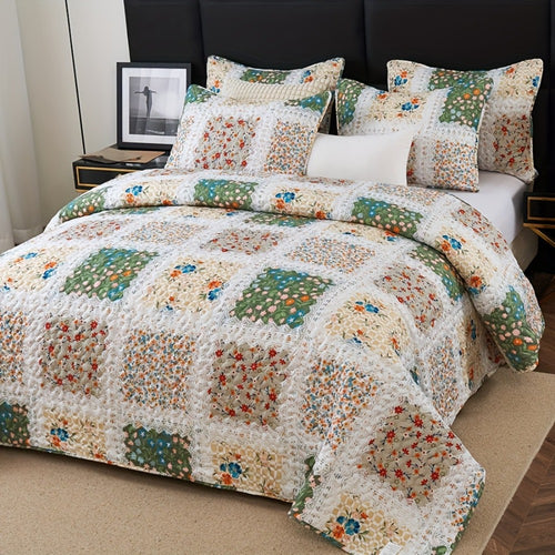 Quilt Set 2 3 Piece Lightweight Floral Patchwork Coverlet Bedding Set with Pillow Shams, Boho Quilted Bedspread for Twin Full Queen King, All Season Soft Cozy Bed Cover Green Blue Pink Grey